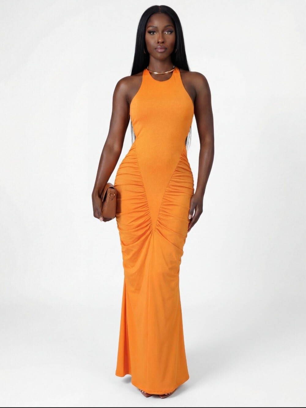 Sleeveless Ruched Maxi Dress in Orange